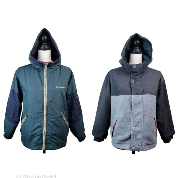 VTG 90s London Fog Jacket Boys Sz M‎ Green Blue Gray Reversible Fleece Hood Coat - Picture 1 of 8